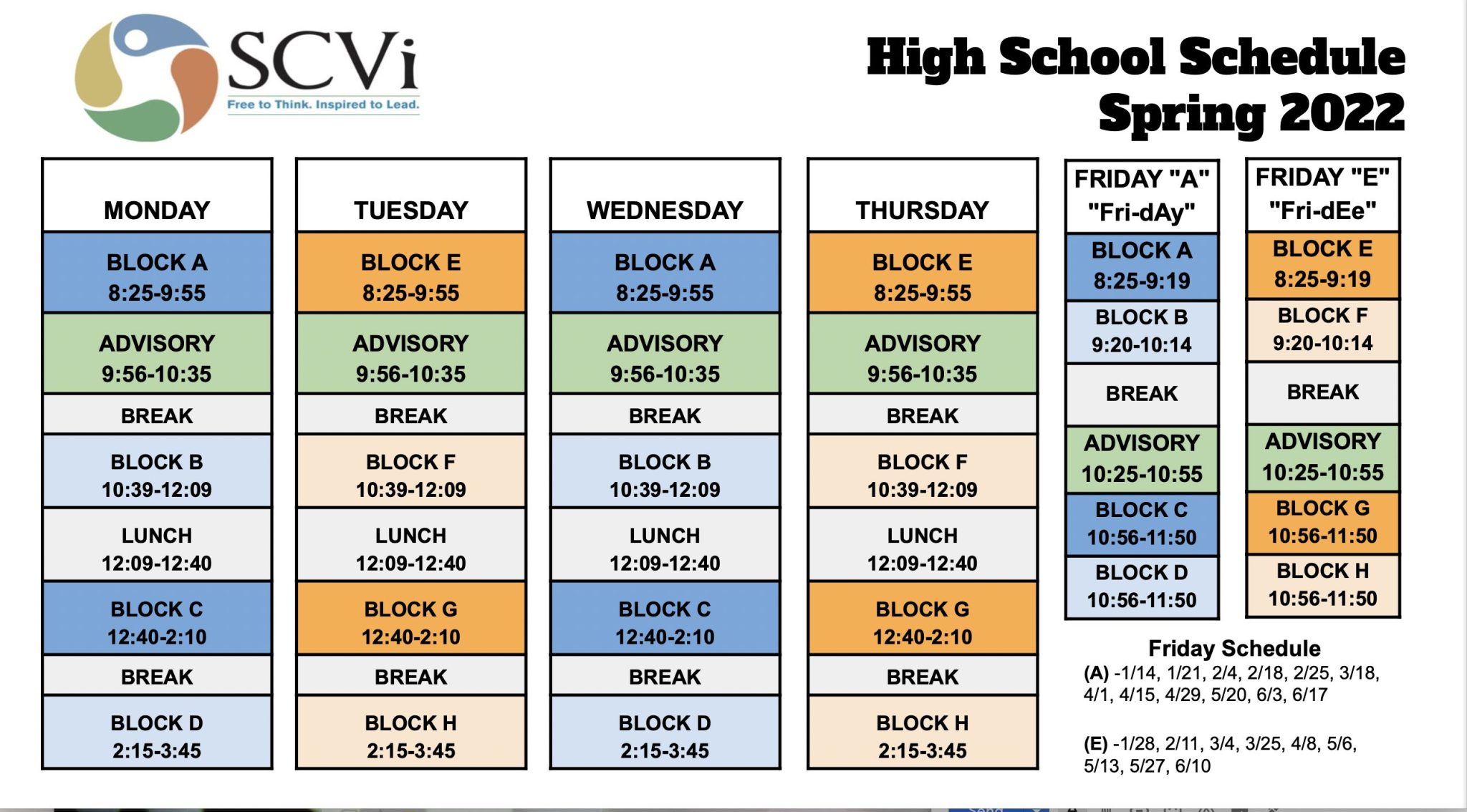 Upper School Spring Schedule SCVi, iLEAD's Founding School
