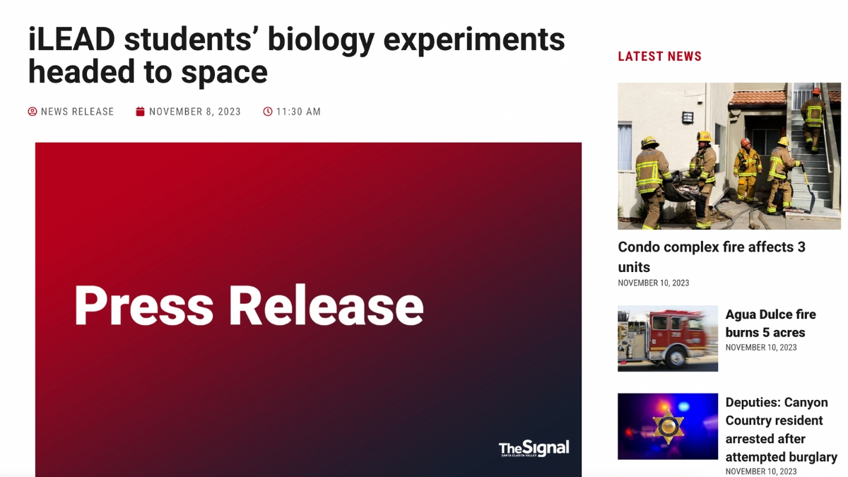 Signal iLEAD students’ biology experiments headed to space